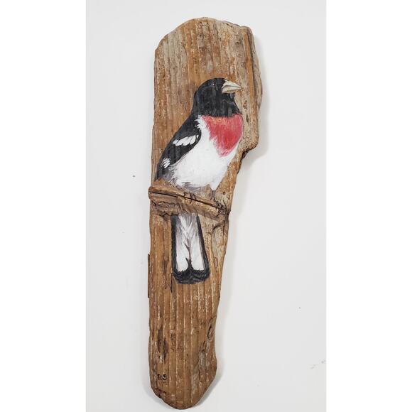 Rose-Breasted Grosbeak Painted Wildlife Study On Driftwood by Ruth Schlottman